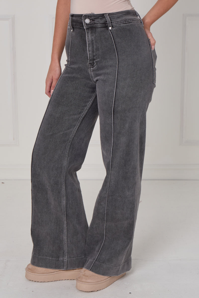 Front Seam Wide Leg Stretch Denim Jeans