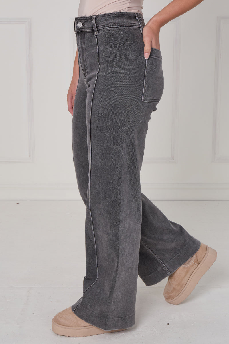 Front Seam Wide Leg Stretch Denim Jeans