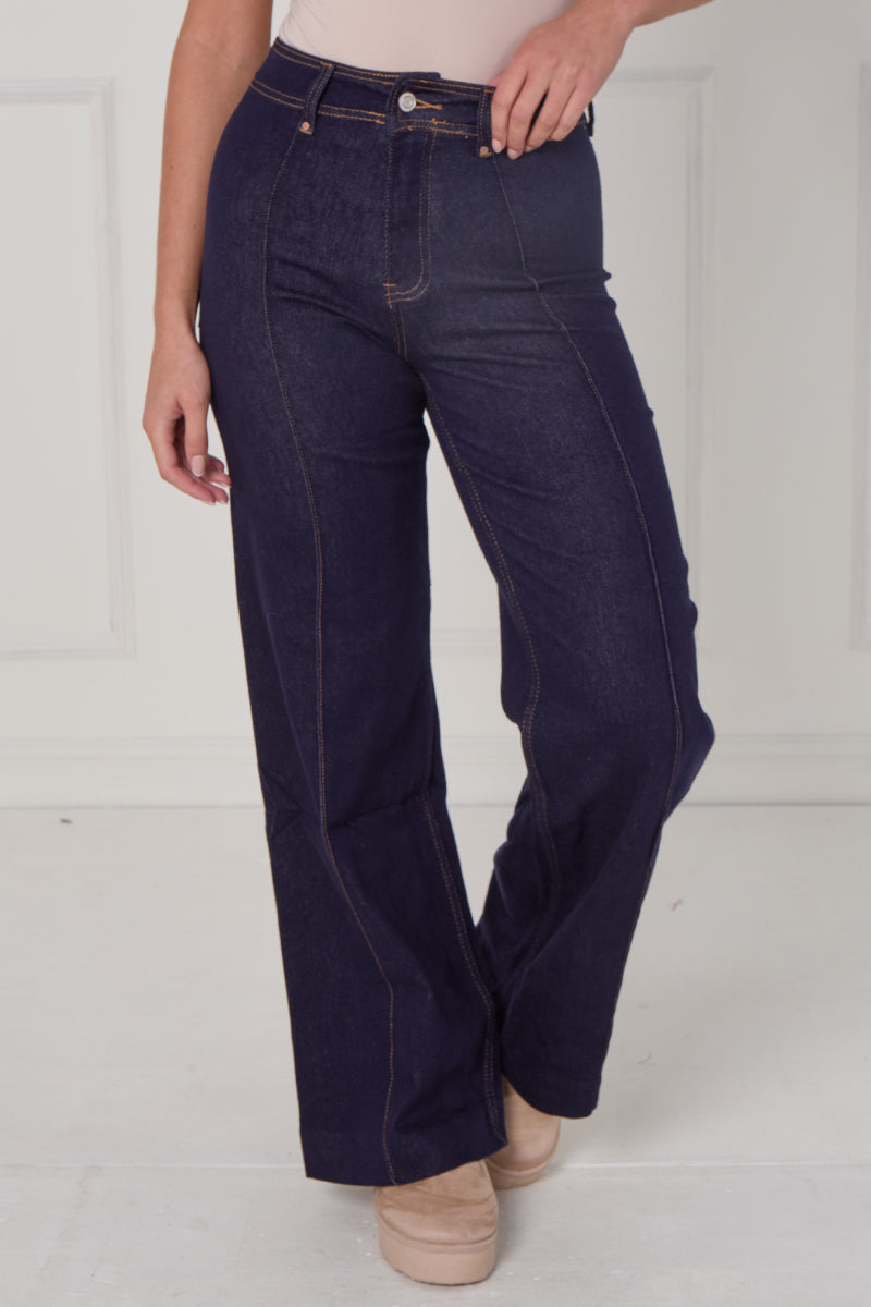 Front Seam Wide Leg Stretch Denim Jeans