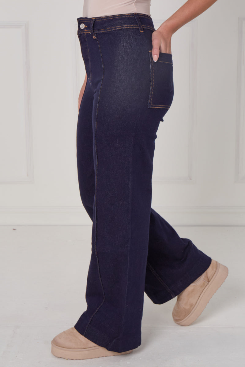 Front Seam Wide Leg Stretch Denim Jeans
