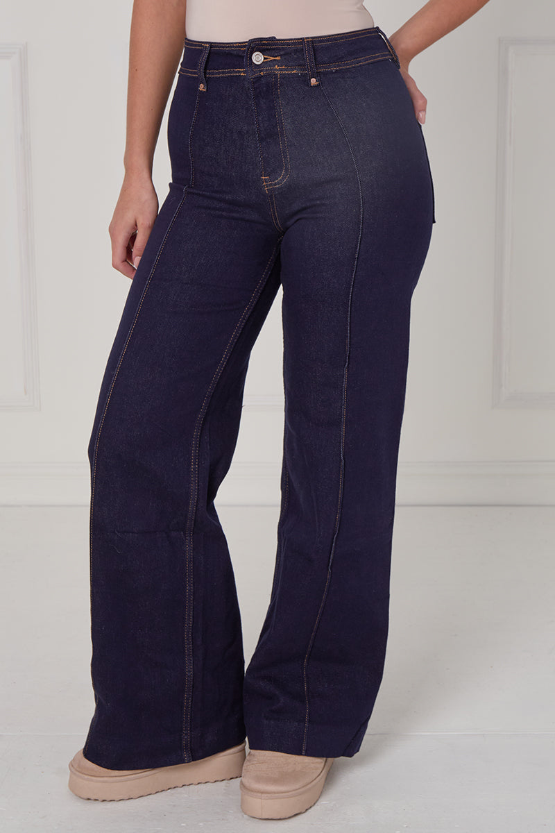Front Seam Wide Leg Stretch Denim Jeans