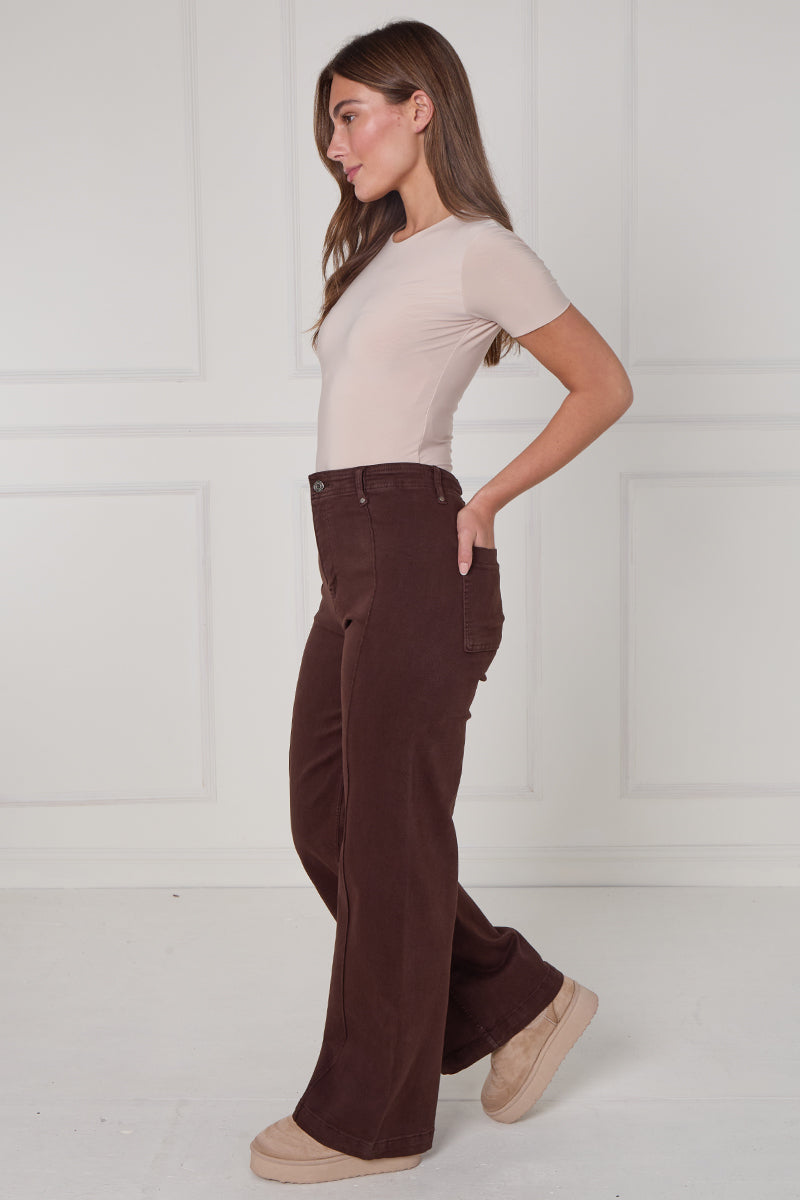 Front Seam Wide Leg Stretch Denim Jeans