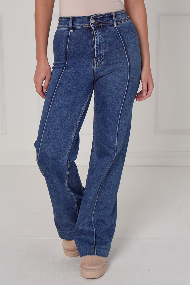 Front Seam Wide Leg Stretch Denim Jeans