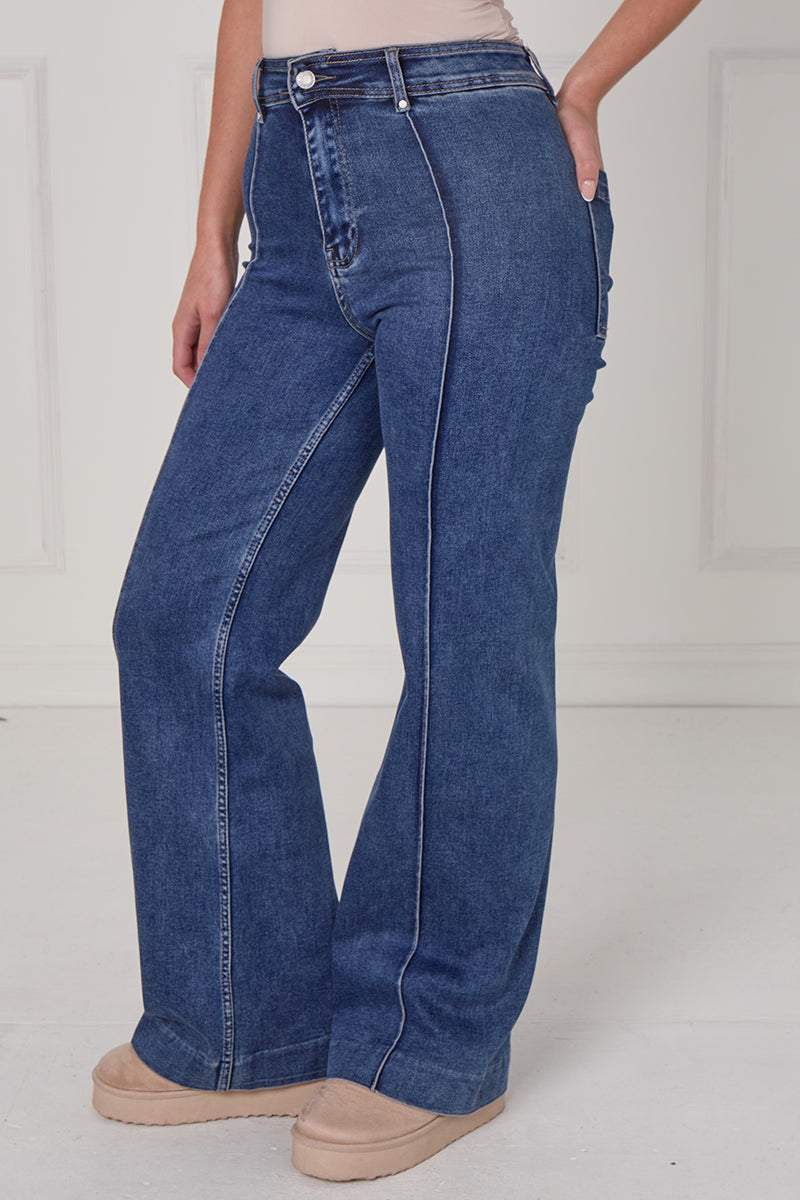Front Seam Wide Leg Stretch Denim Jeans