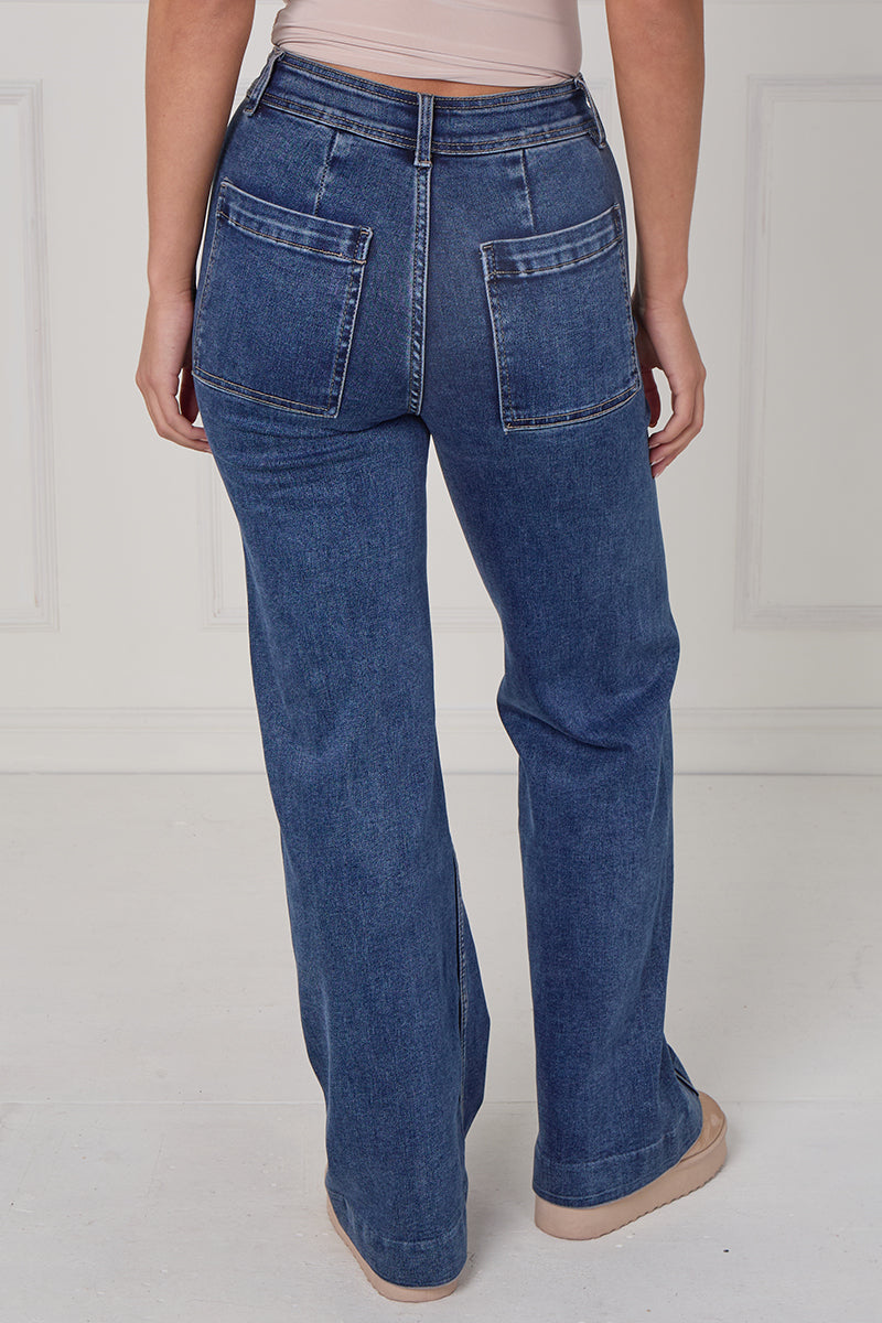 Front Seam Wide Leg Stretch Denim Jeans